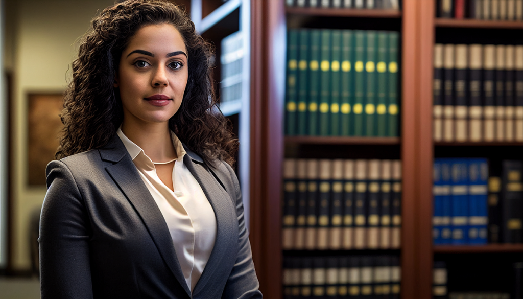 business woman standing with grey suit, curly hair, and a straight face with books behind her. how to become a notary in Michigan.