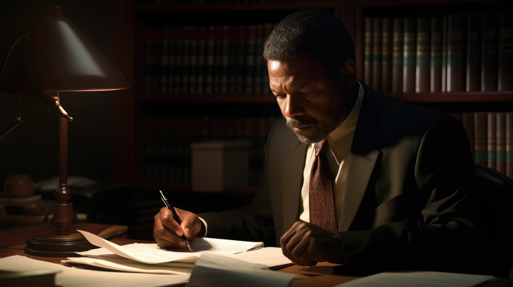 Man with serious look on his face sitting in a dark room signing papers. how to become a notary in North Carolina.